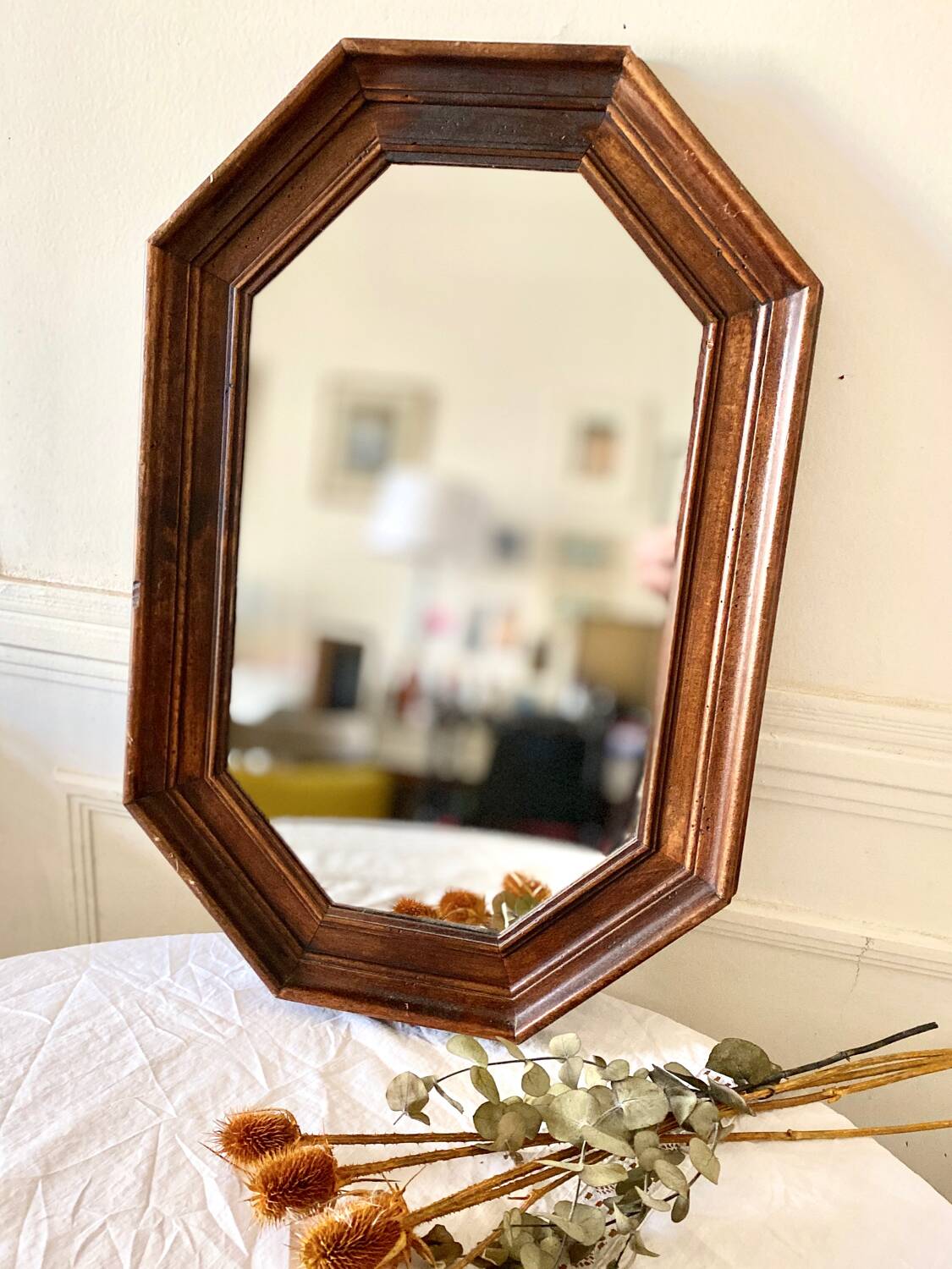 Vintage dark wood octagonal mirror