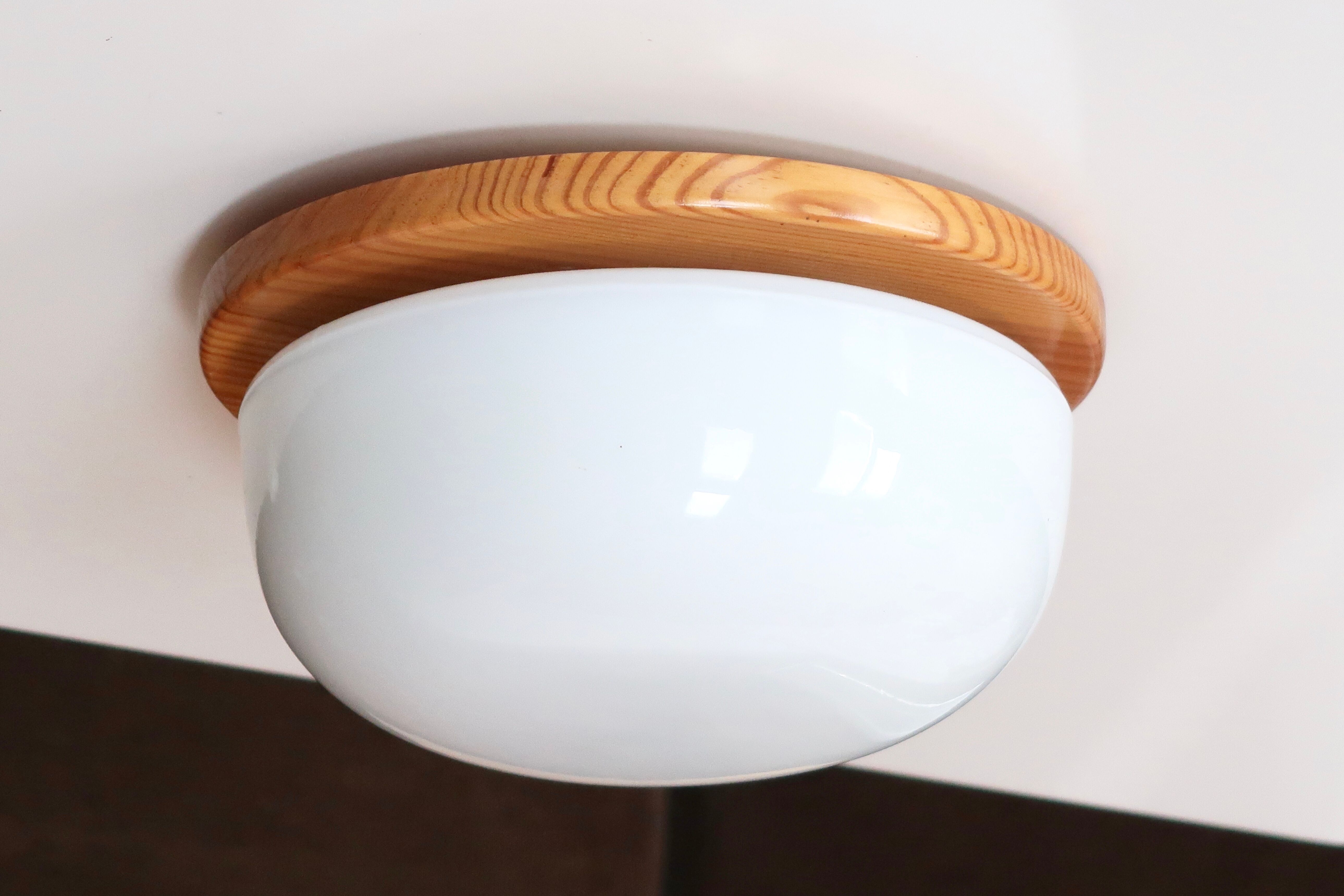 Ceiling lamp round wall lamp, pine base, opaque white glass, 70s