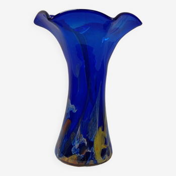 Vase Tulipe vintage en verre d'art soufflé à la main bleu Cobalt style Murano