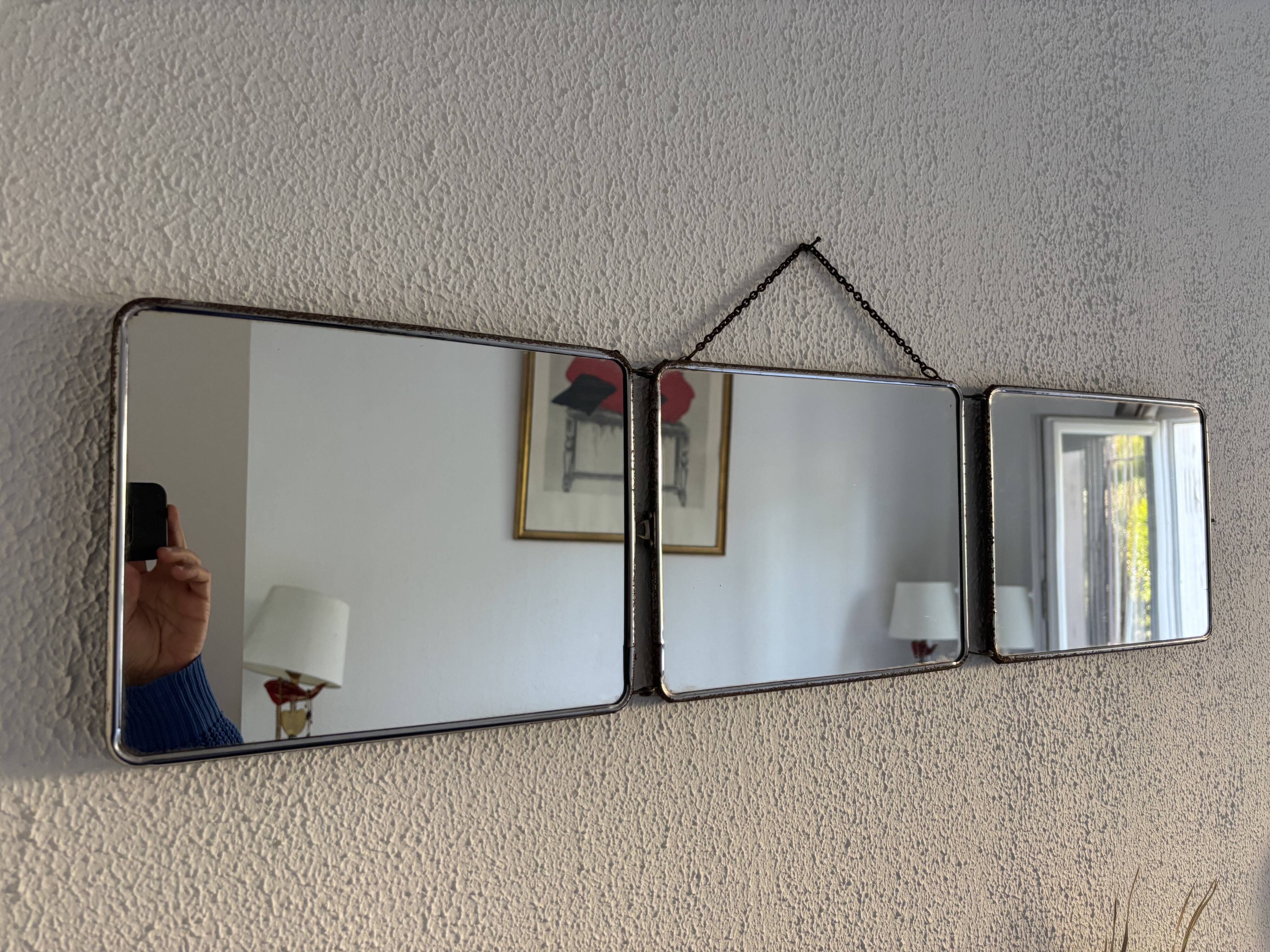 Vintage 1950s triptych barber mirror in duck blue - 22 x 86 cm