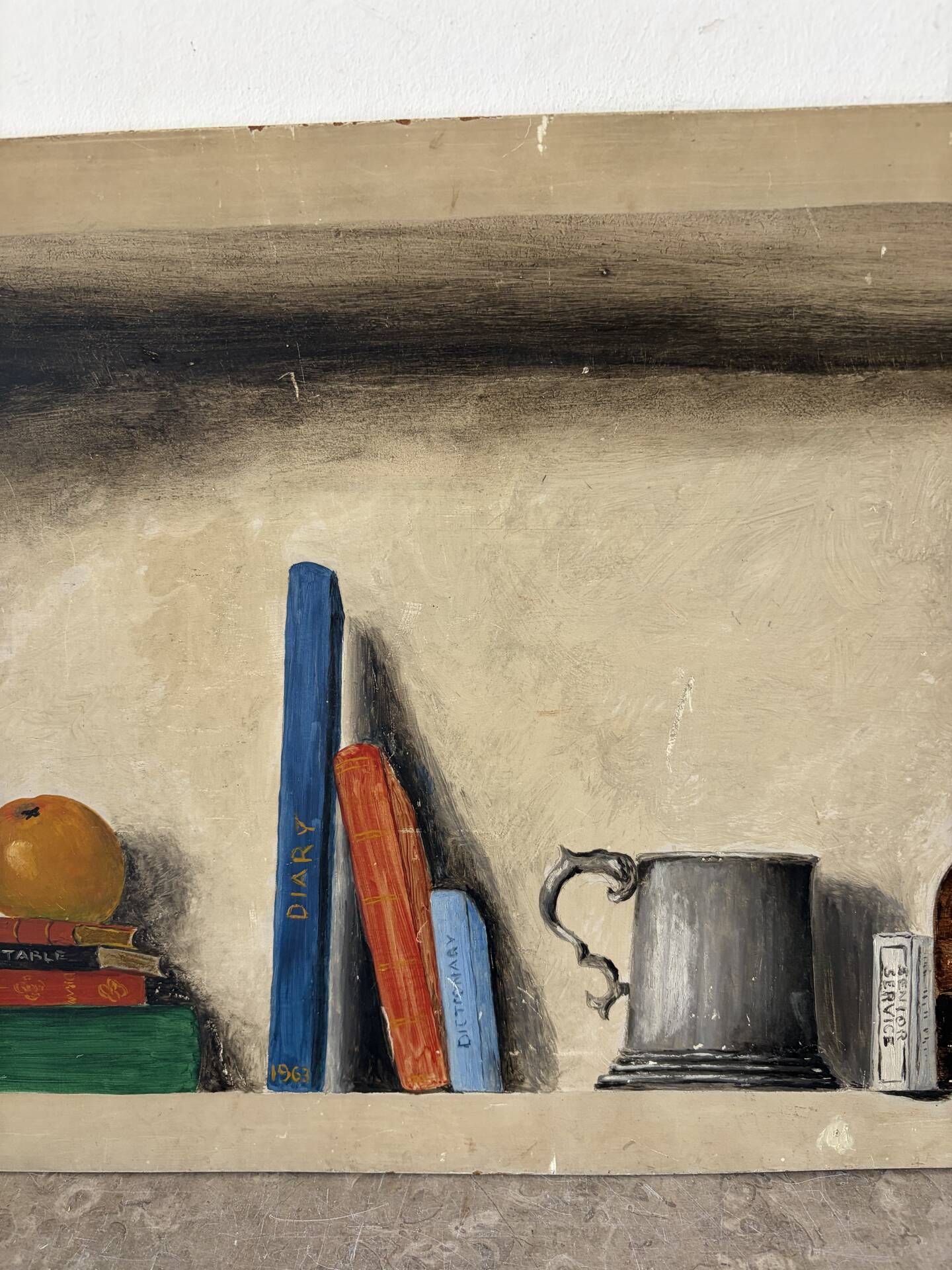 “The Bookshelf” London shelves by R Steed, oil on panel