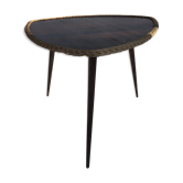 Table basse pieds tripodes + plateau bois & rotin tressé vintage