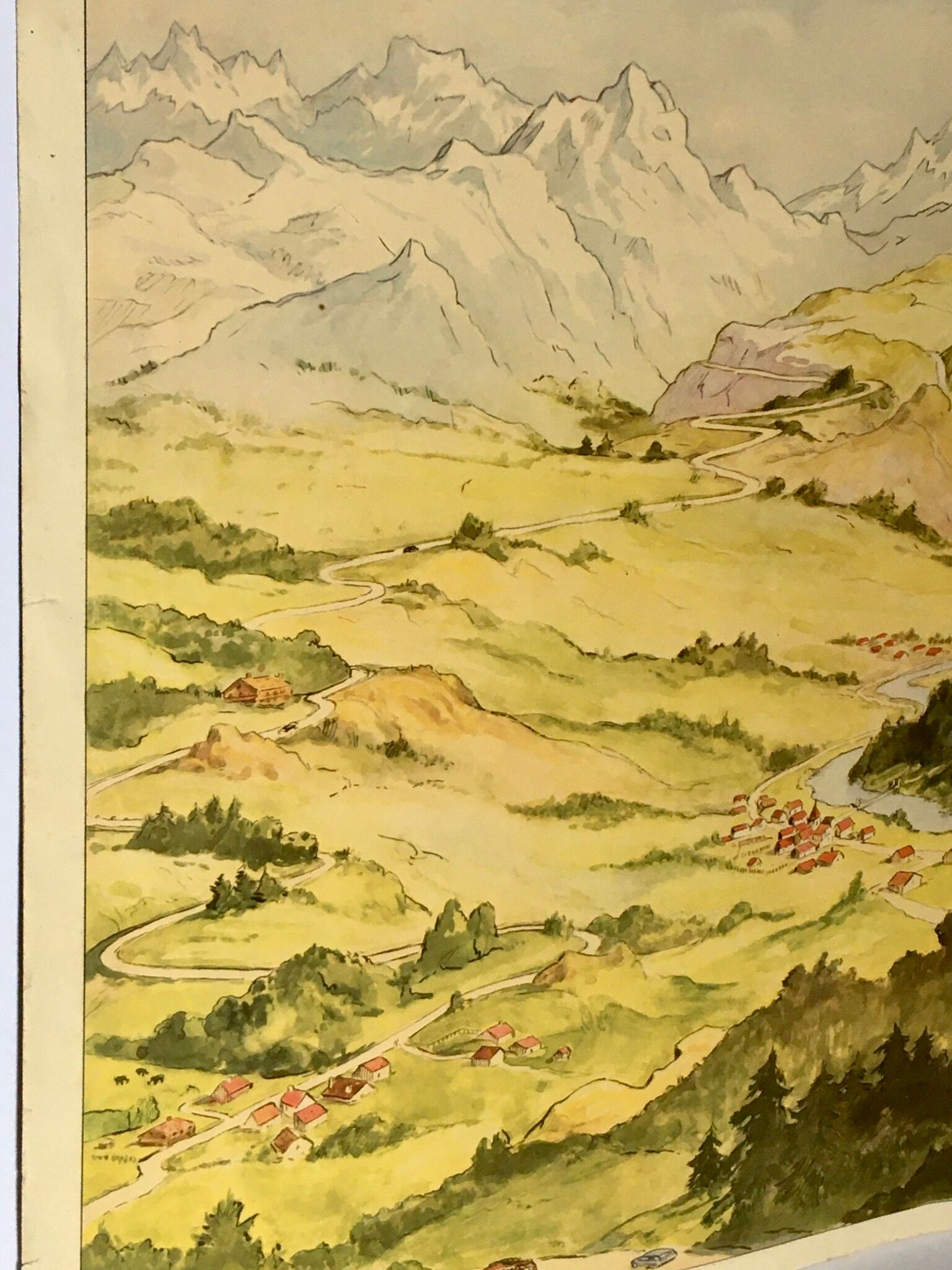 School poster vintage school landscape mountain two-sided signed Raylambert for Rossignol 50s