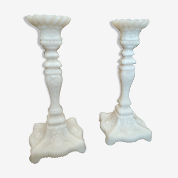2 white fair opaline candlesticks