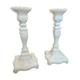 2 white fair opaline candlesticks