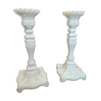 2 white fair opaline candlesticks