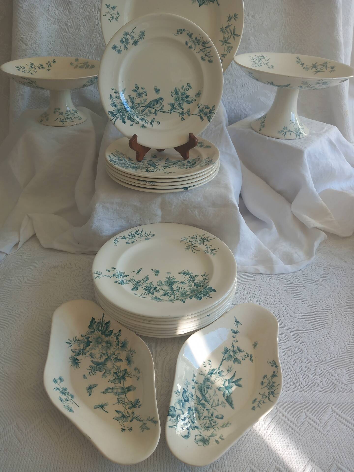 Antique 19th Century French Longwy Mignon Ironstone Dinner Service – Blue Green