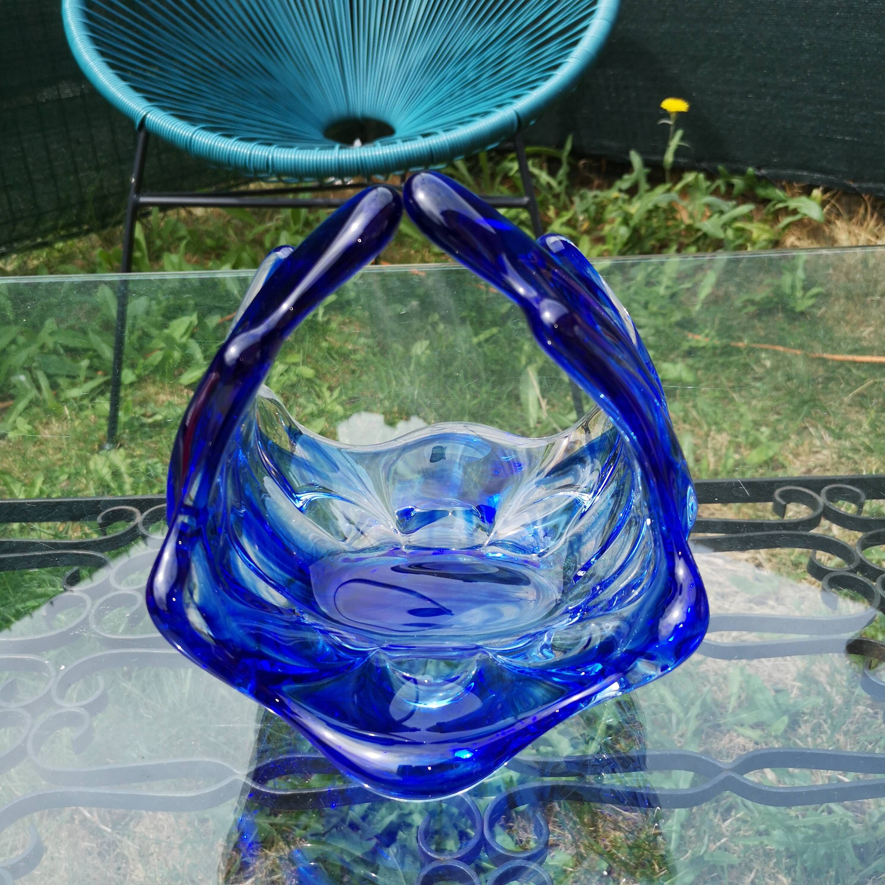 Murano Blown Glass Pocket or Basket - Cobalt Blue and White