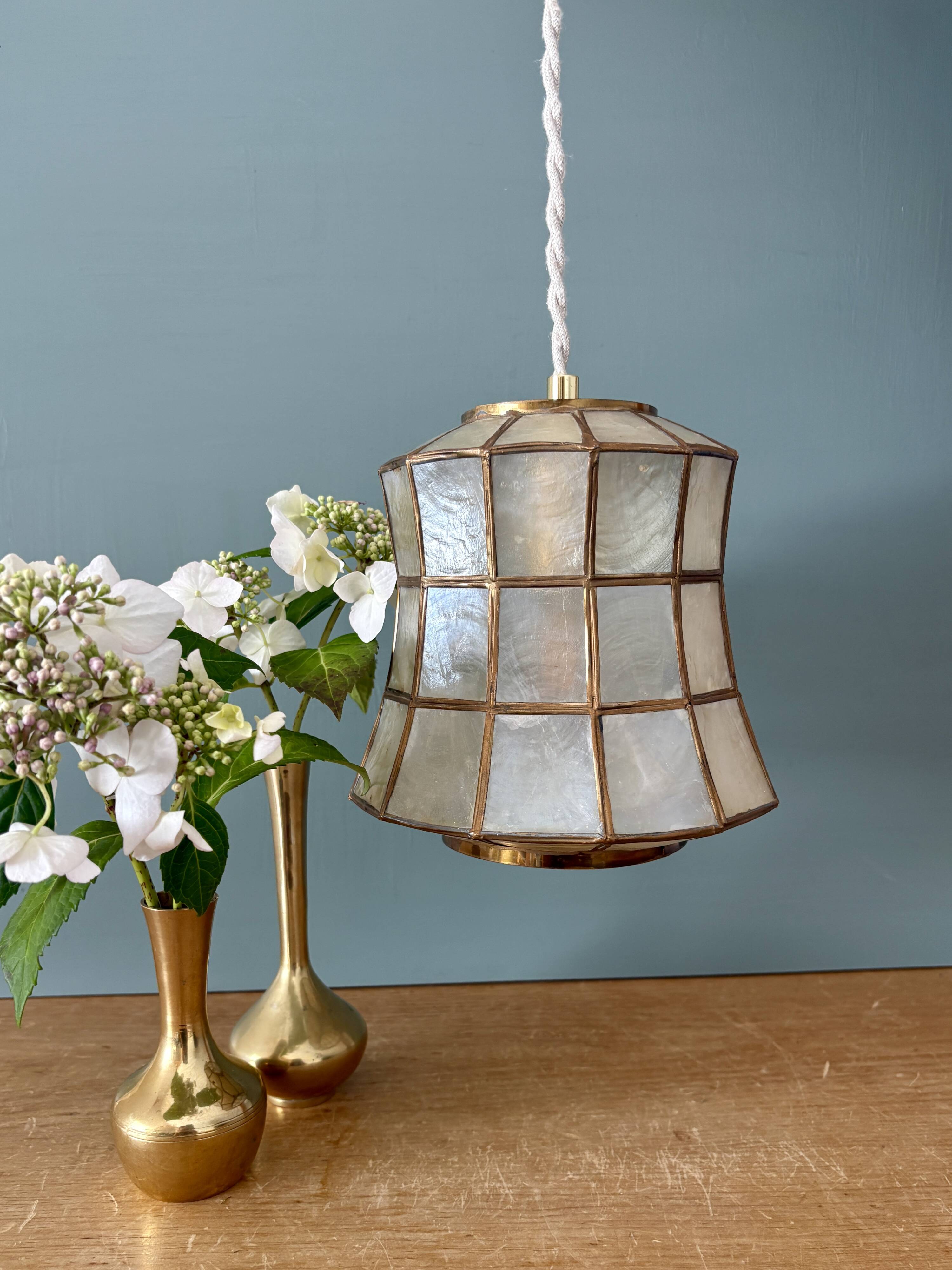 Vintage mother-of-pearl and brass lampshade pendant light