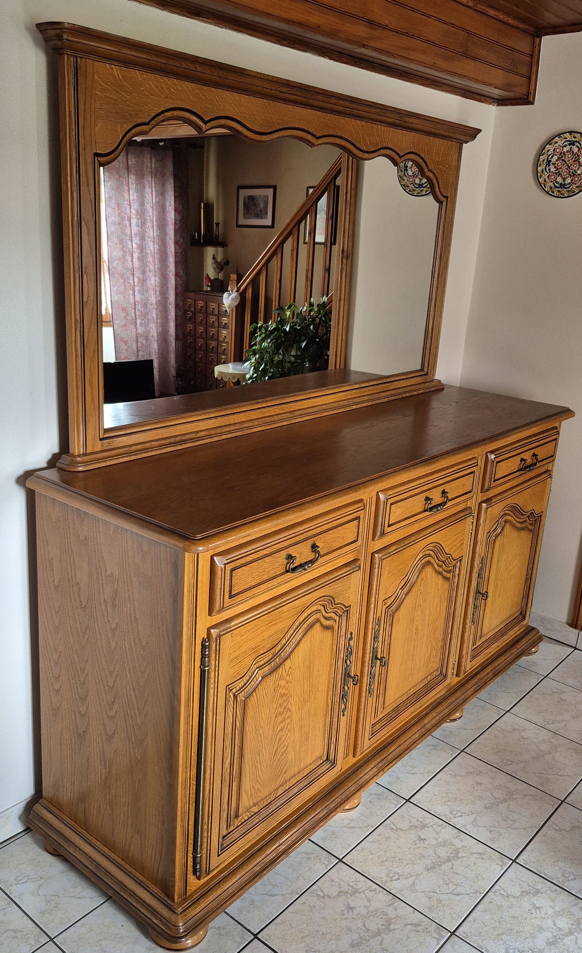 Rustic style buffet with mirror – Solid wood – Very good condition