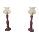 Lampes à poser vintage – Pieds bois repeints mauve brillant + globes a