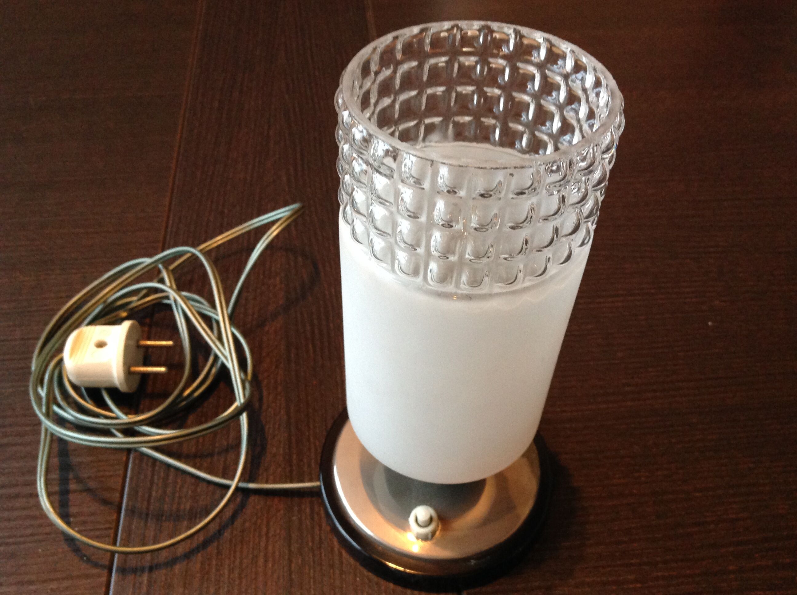 Tube bedside lamp with bi-material/vintage glass lampshade, 60/70s