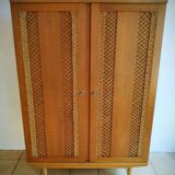 Armoire chêne et rotin tressé 60's