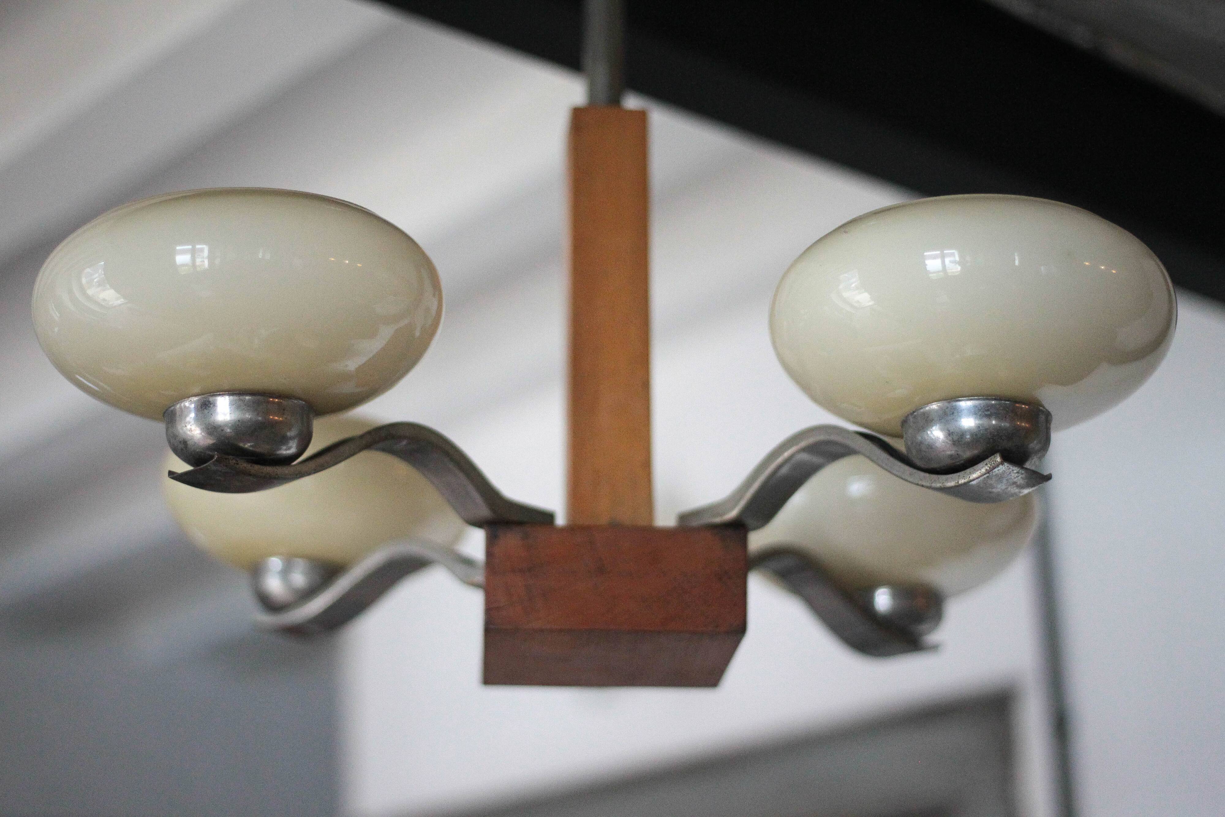 Art Deco suspension, 4-light chandelier with opaline globe, ceiling lamp.