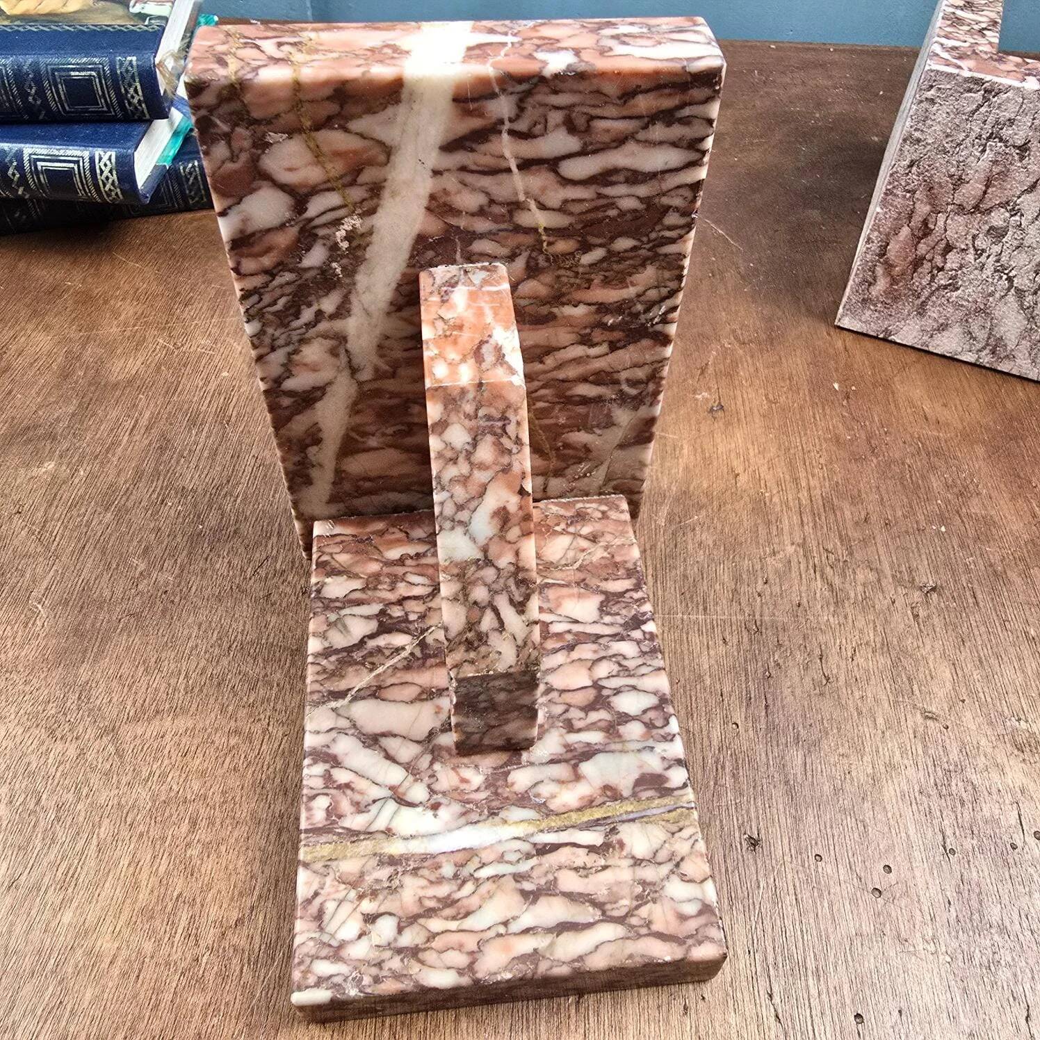 Antique pink marble bookends – Vintage Art Deco pair