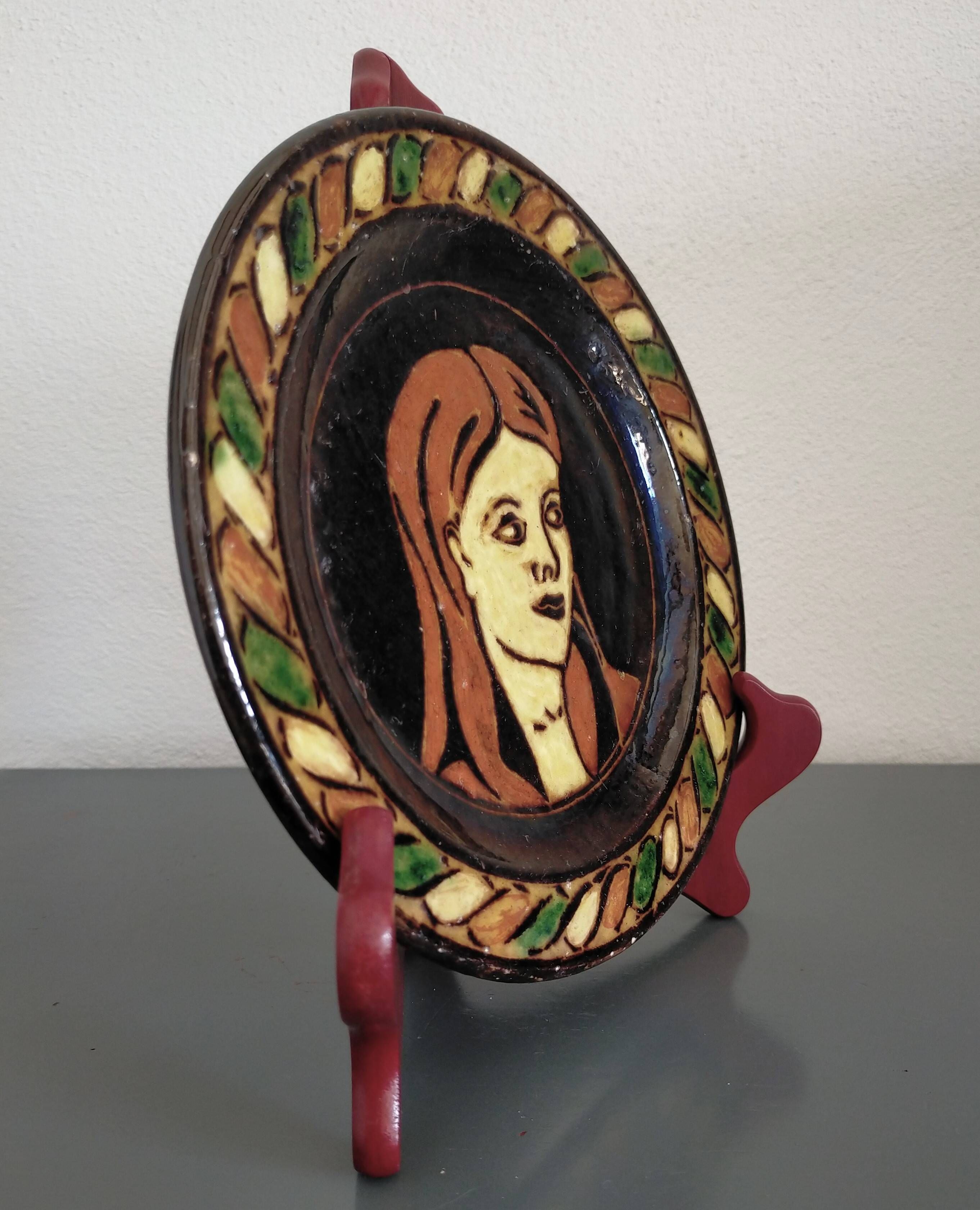 Vintage Dauphiné glazed terracotta dish Portrait of a woman