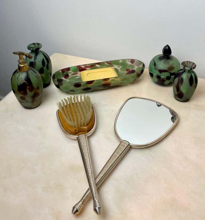 Toiletry set - metal and silk brush and hand mirror England from the 50s