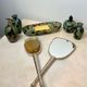 Toiletry set - metal and silk brush and hand mirror England from the 50s