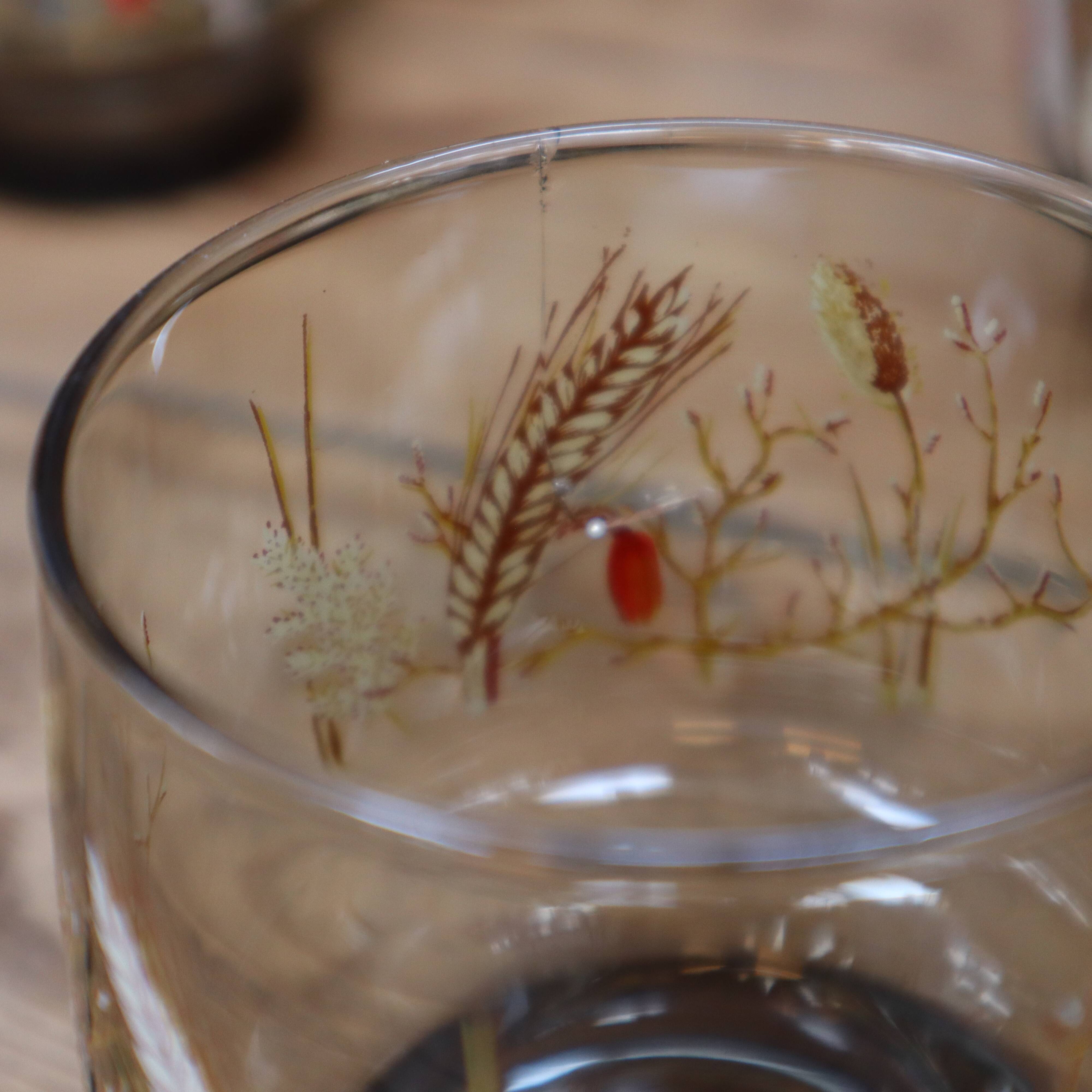 Set of 6 smoked glasses with Arcoroc ear of wheat decoration