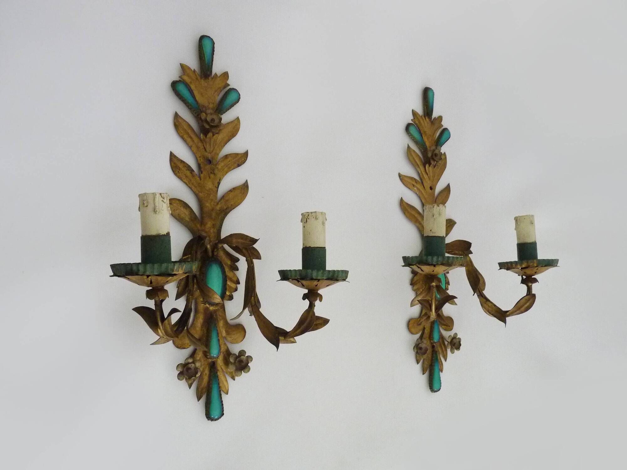 Pair of gold metal wall lights with turquoise glass inlay. 70