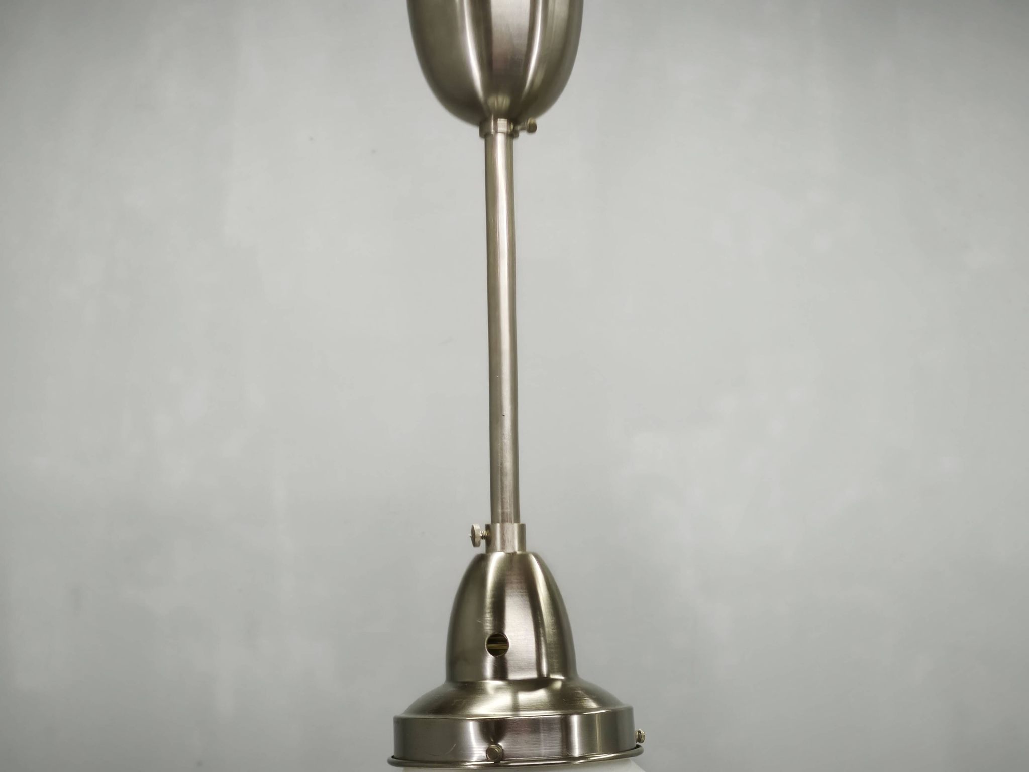 Pair of 1930s Czech Art Deco Opaline Glass and Chrome Pendant Lights