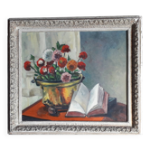 Antique oil painting depicting a still life