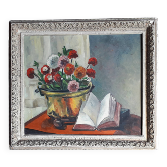 Antique oil painting depicting a still life