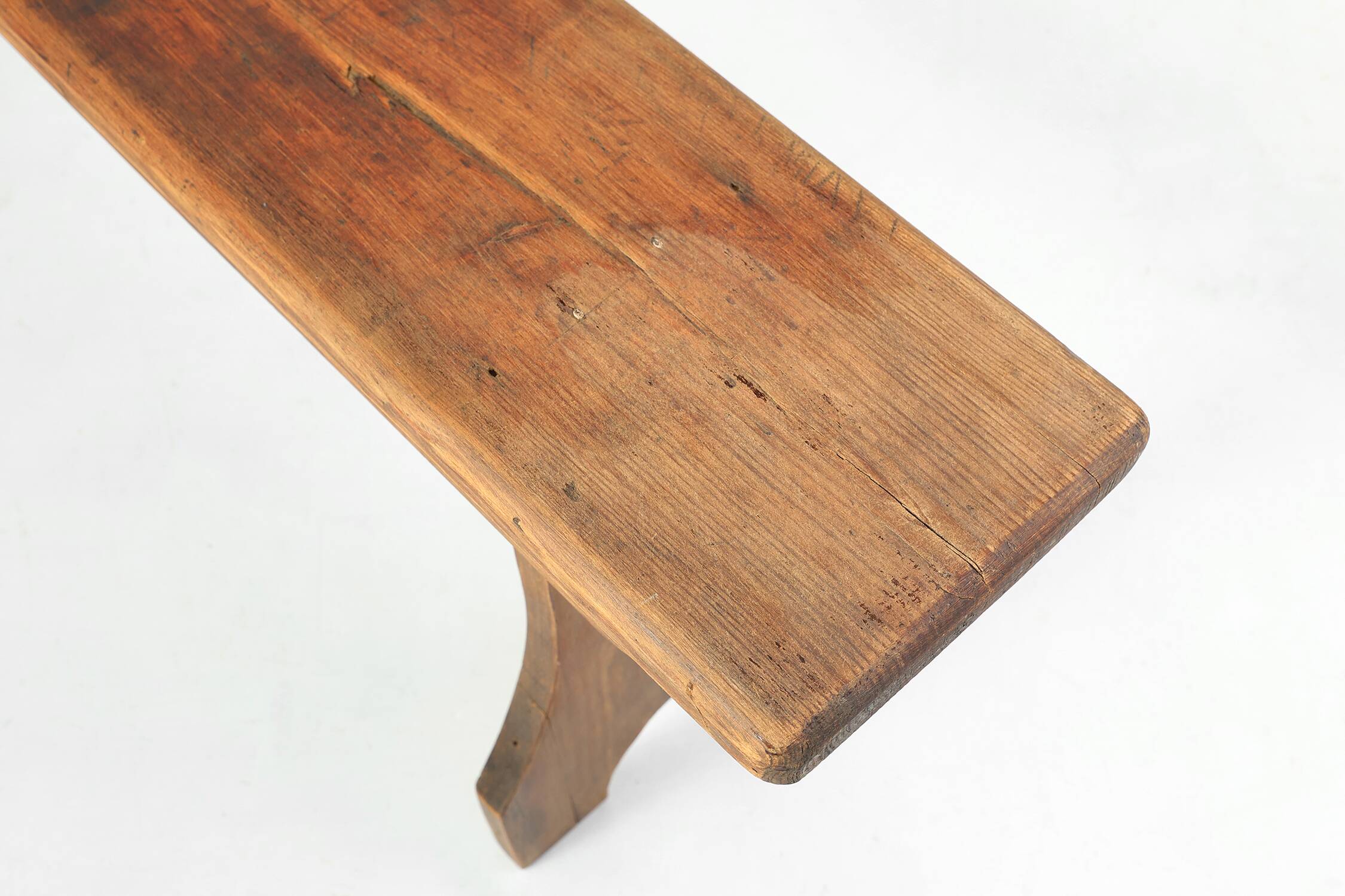 Rustic natural oak wooden bench with rounded details, France ca. 1900
