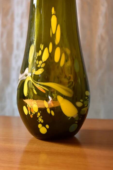 Free-form olive green art glass vase by Gyula Budveszel, Hungary, 1990s