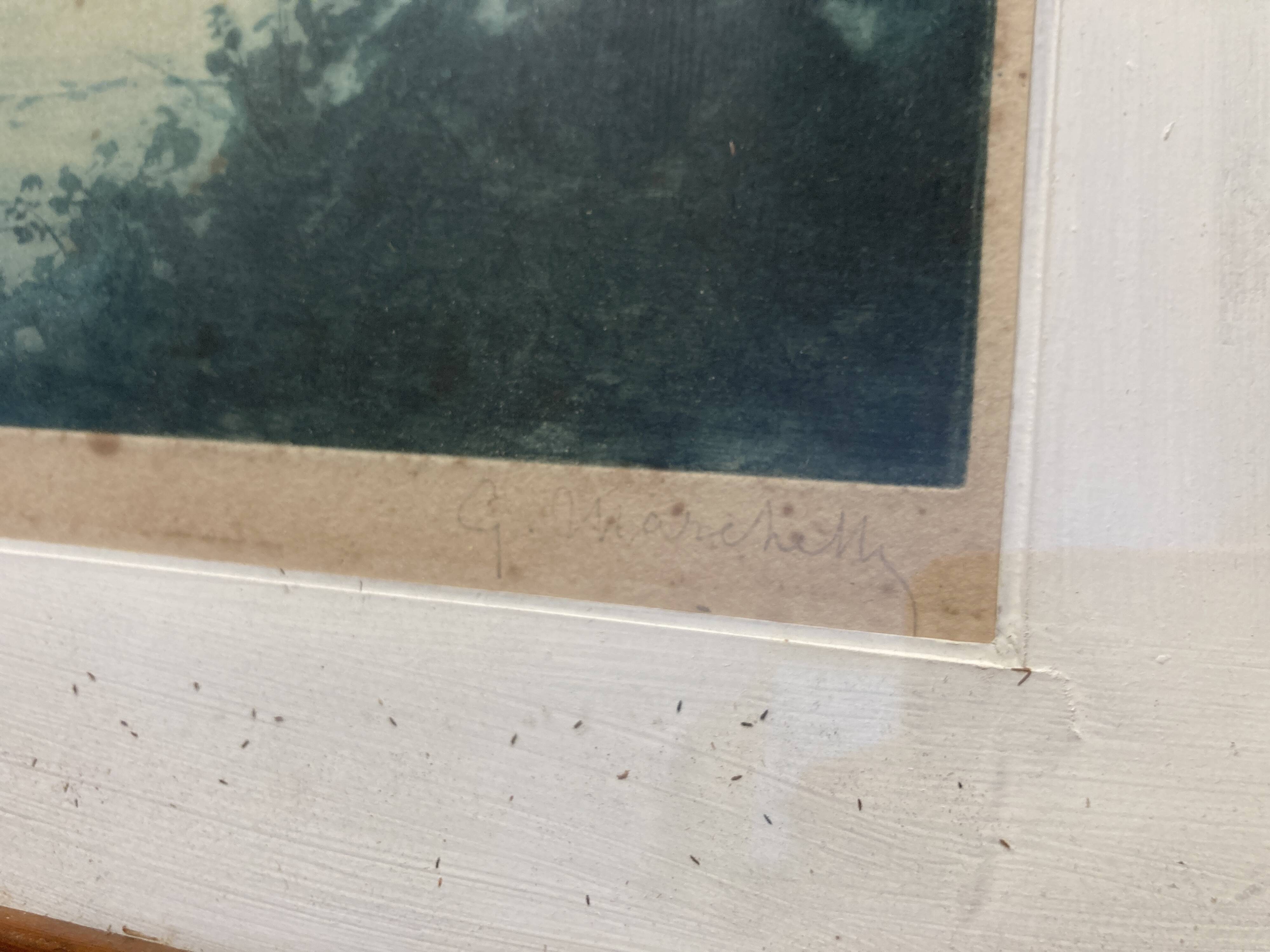 Framed engraving of a landscape