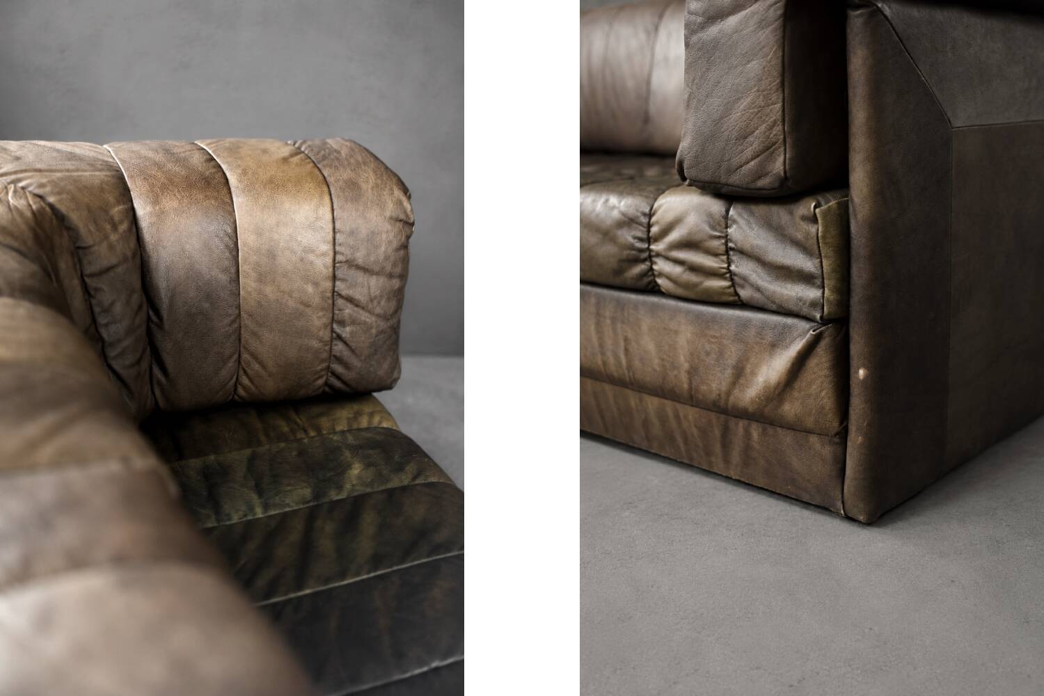 Vintage Mid-Century Modern German Brutalist Brown Leather 2-Seater Sofa