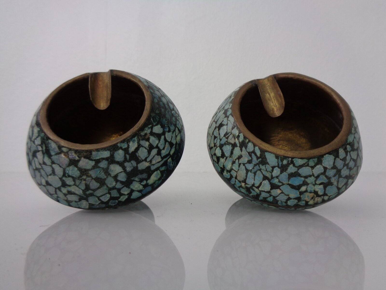 Vintage Indian Copper & Turquoise Stone Ashtrays, 1960s, Set of 2
