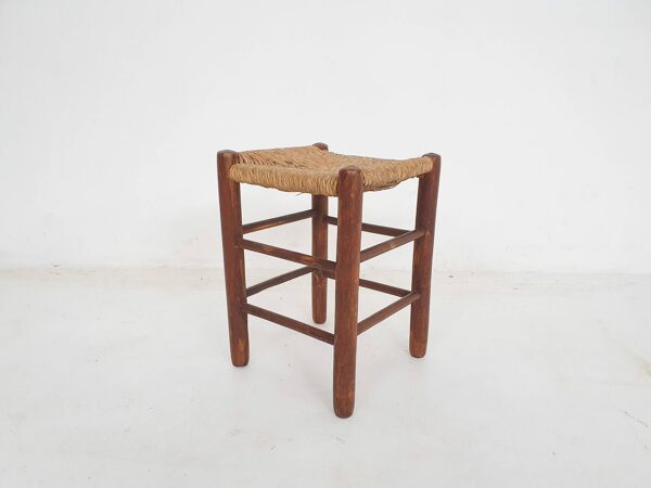 Tabouret en bois et paille, milieu XXème