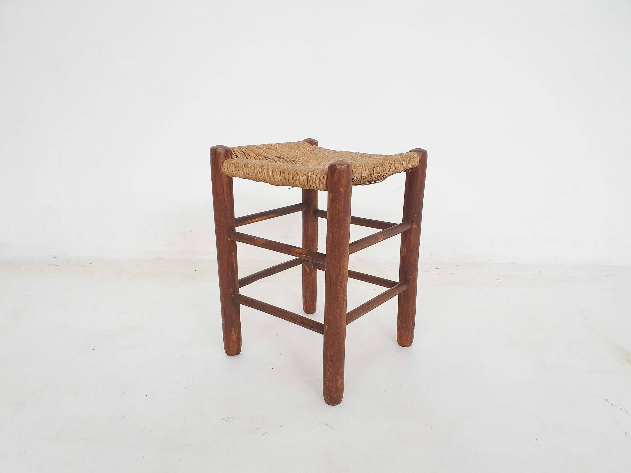 Mid-century wooden stool with rattan seating