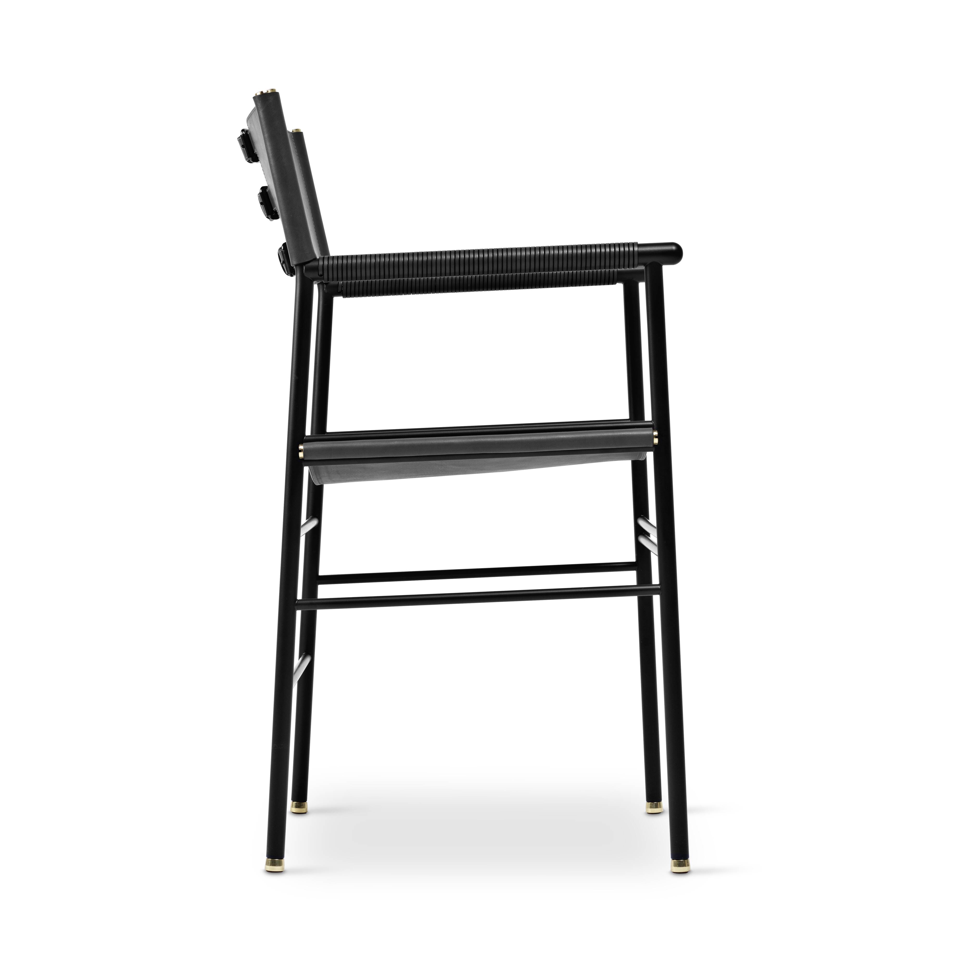 Contemporary bar stool with a black metal backrest and black rubber.