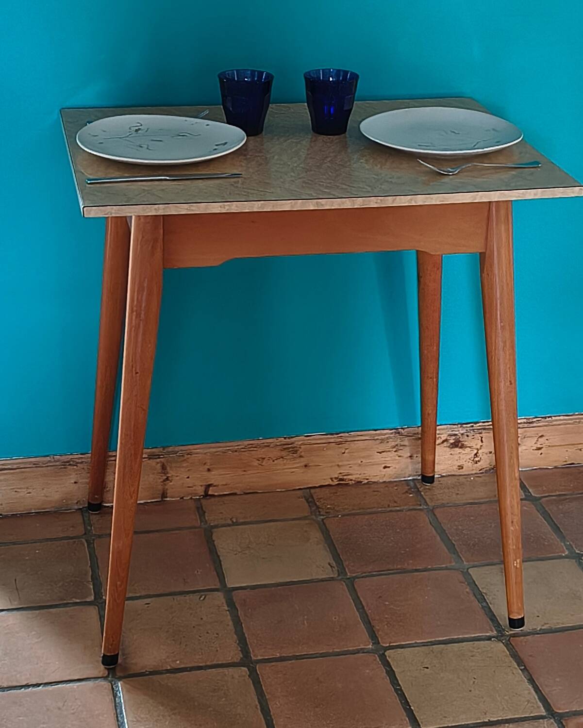Vintage bistro table with compass legs, formica, beech, 50 x 70.