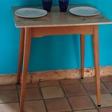 Vintage bistro table with compass legs, formica, beech, 50 x 70.