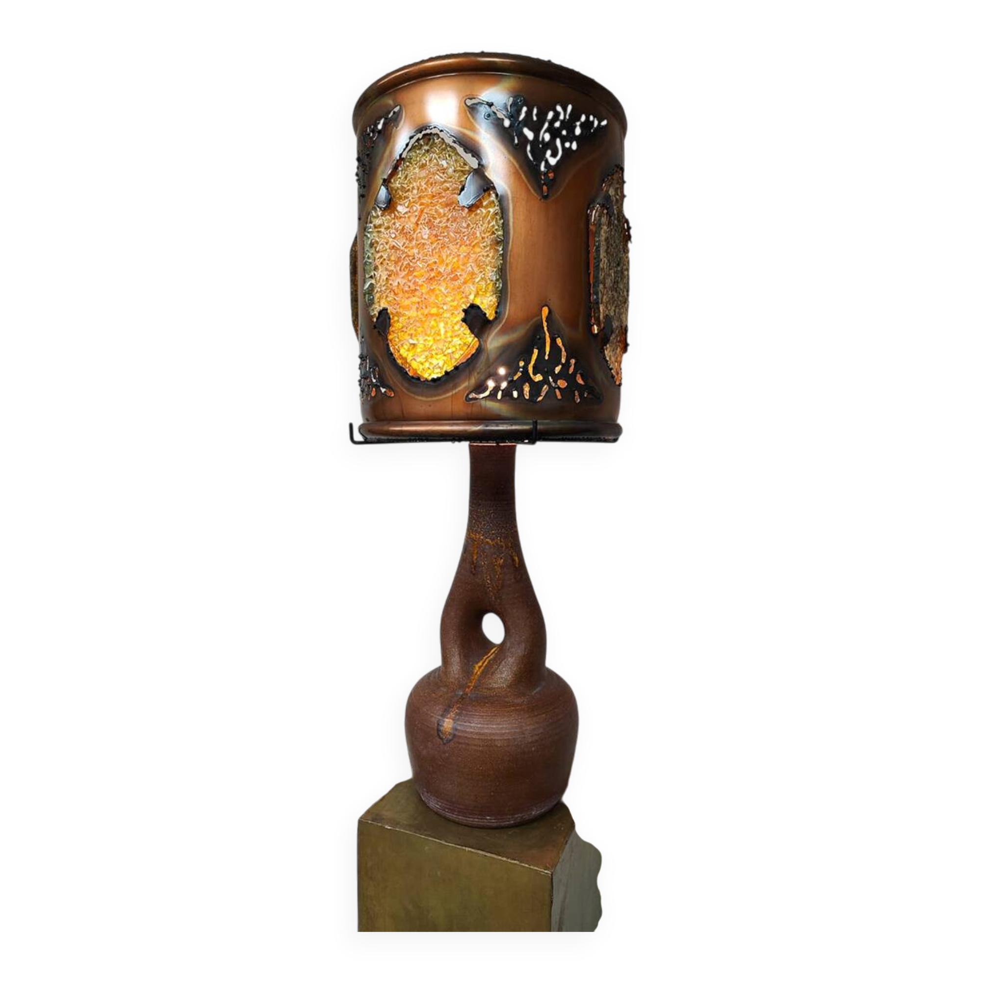 French vintage copper fractal resin table lamp Accolay 'Brutalist'