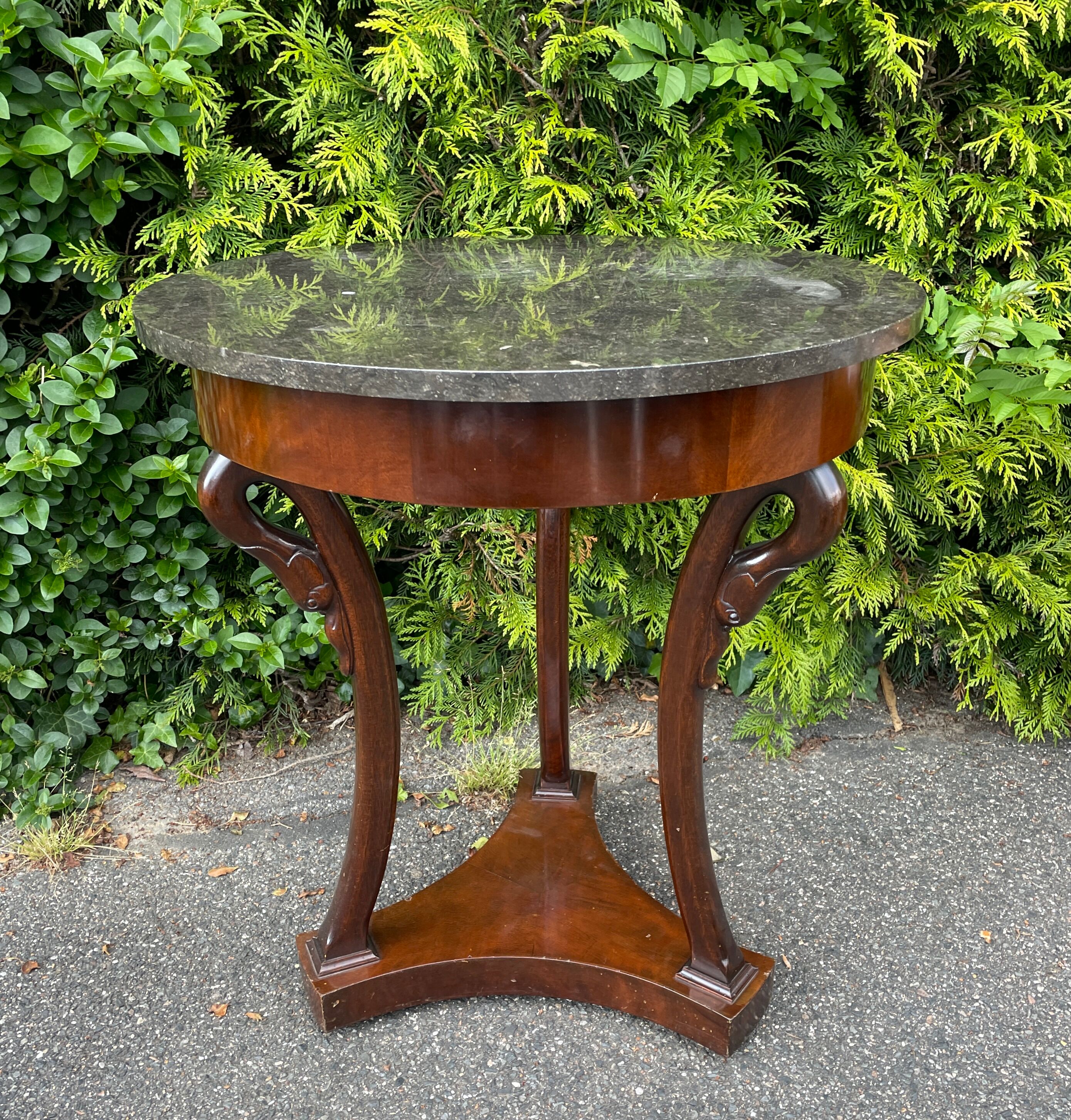 Empire style pedestal table with gooseneck, marble top.
