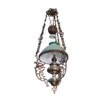 Bronze / brass chandeliers with original opalines (including 1 counterweight)