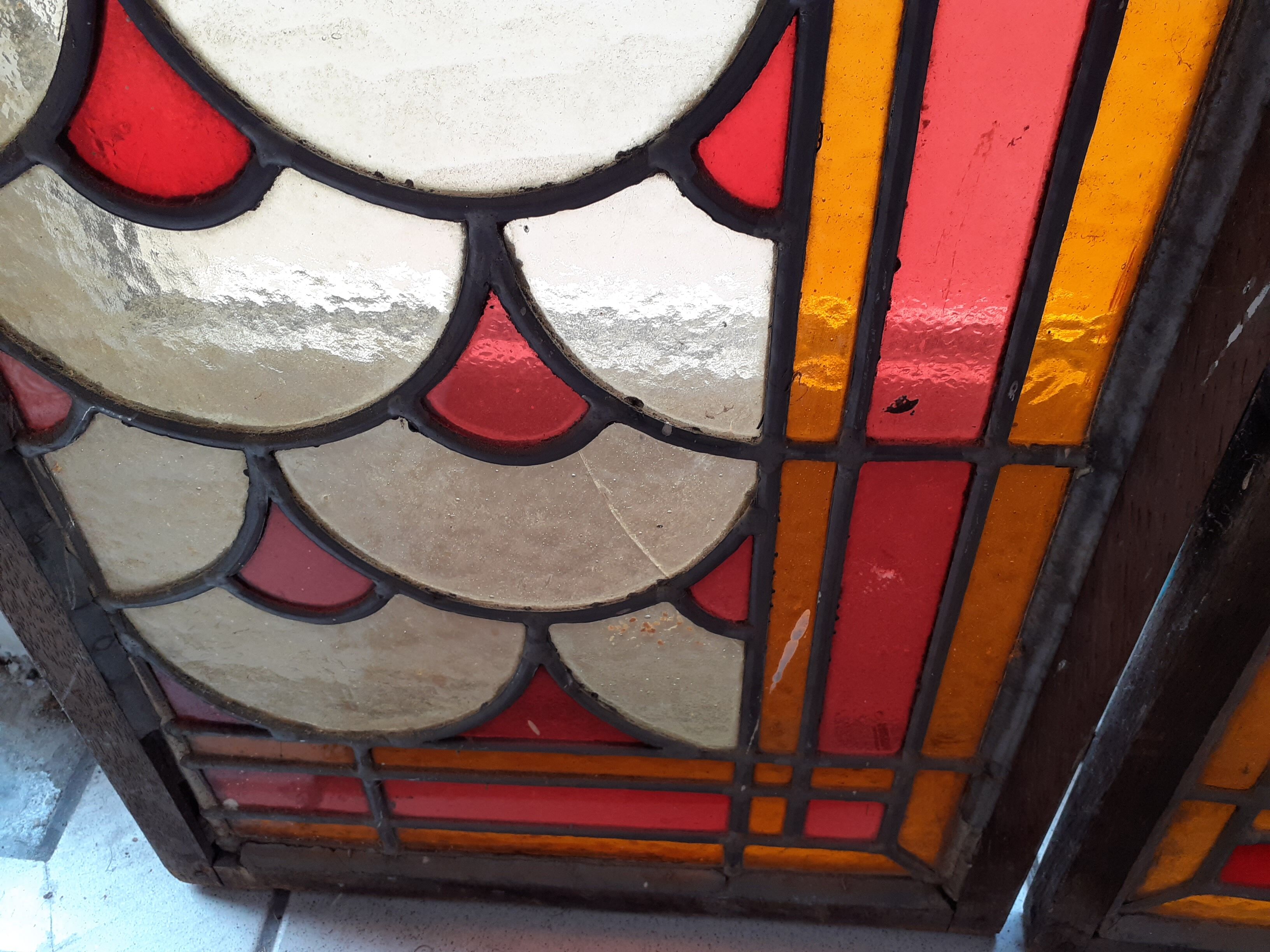 2 painted oak doors, stained glass interior