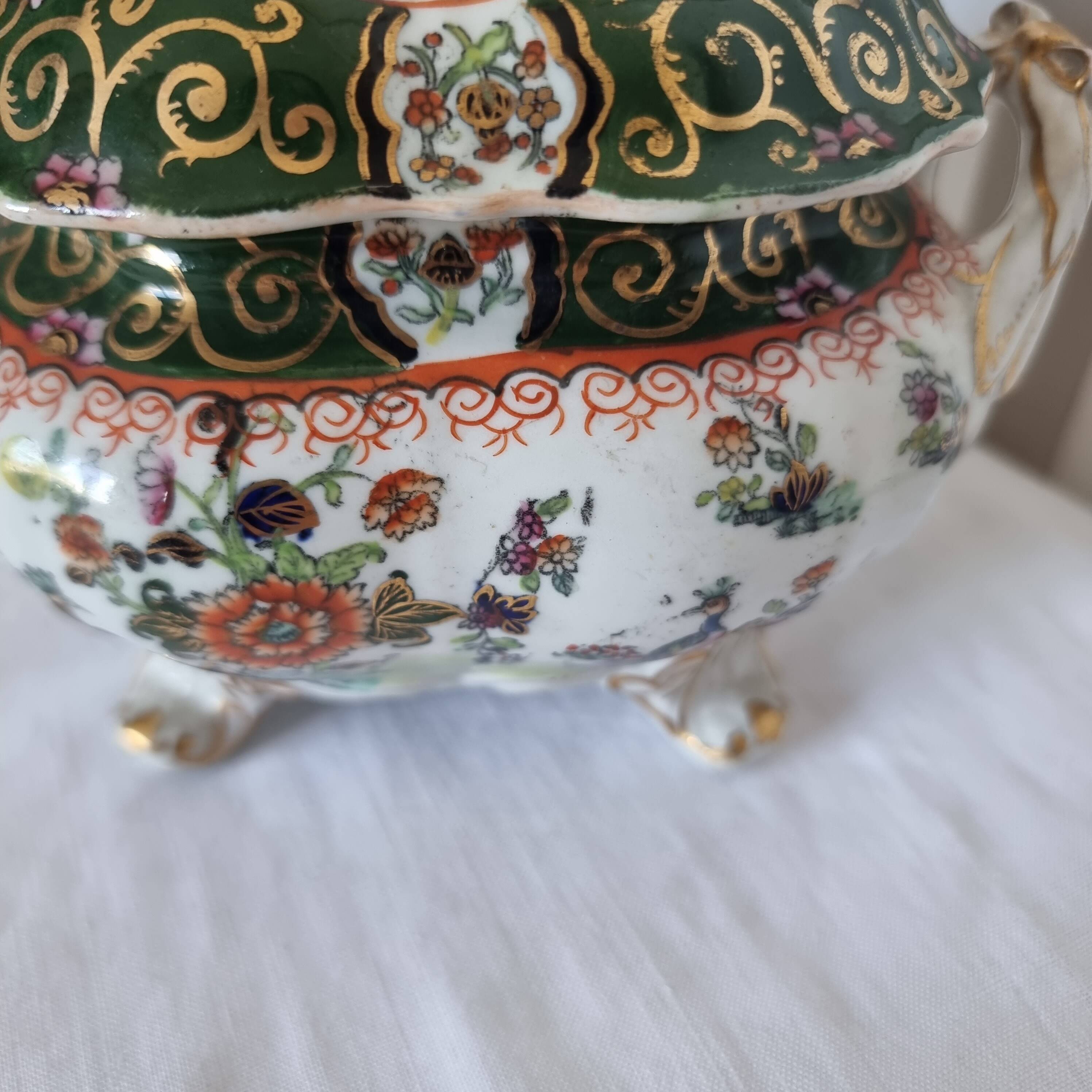 Antique Masons Sauce Boat with Lid English Porcelain Chinoiserie F