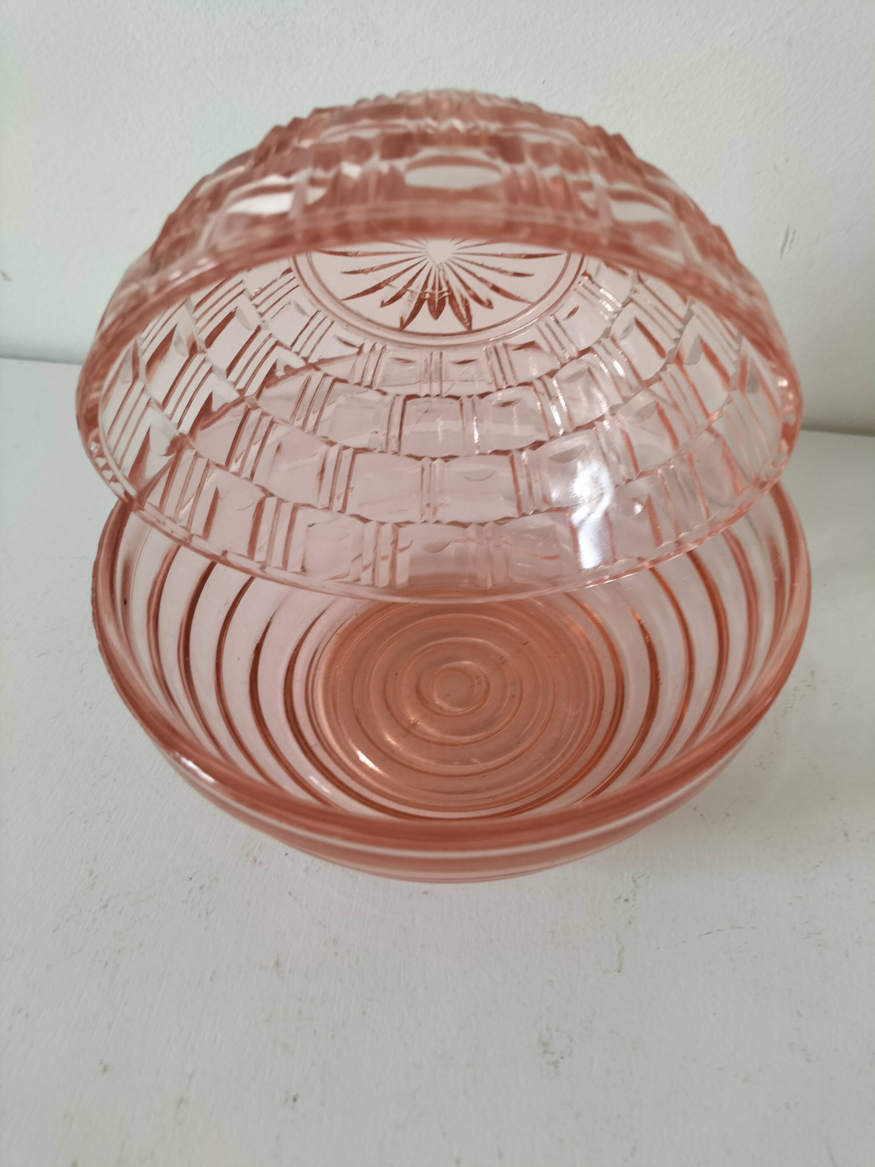 Duo of orange-pink pressed glass bowls