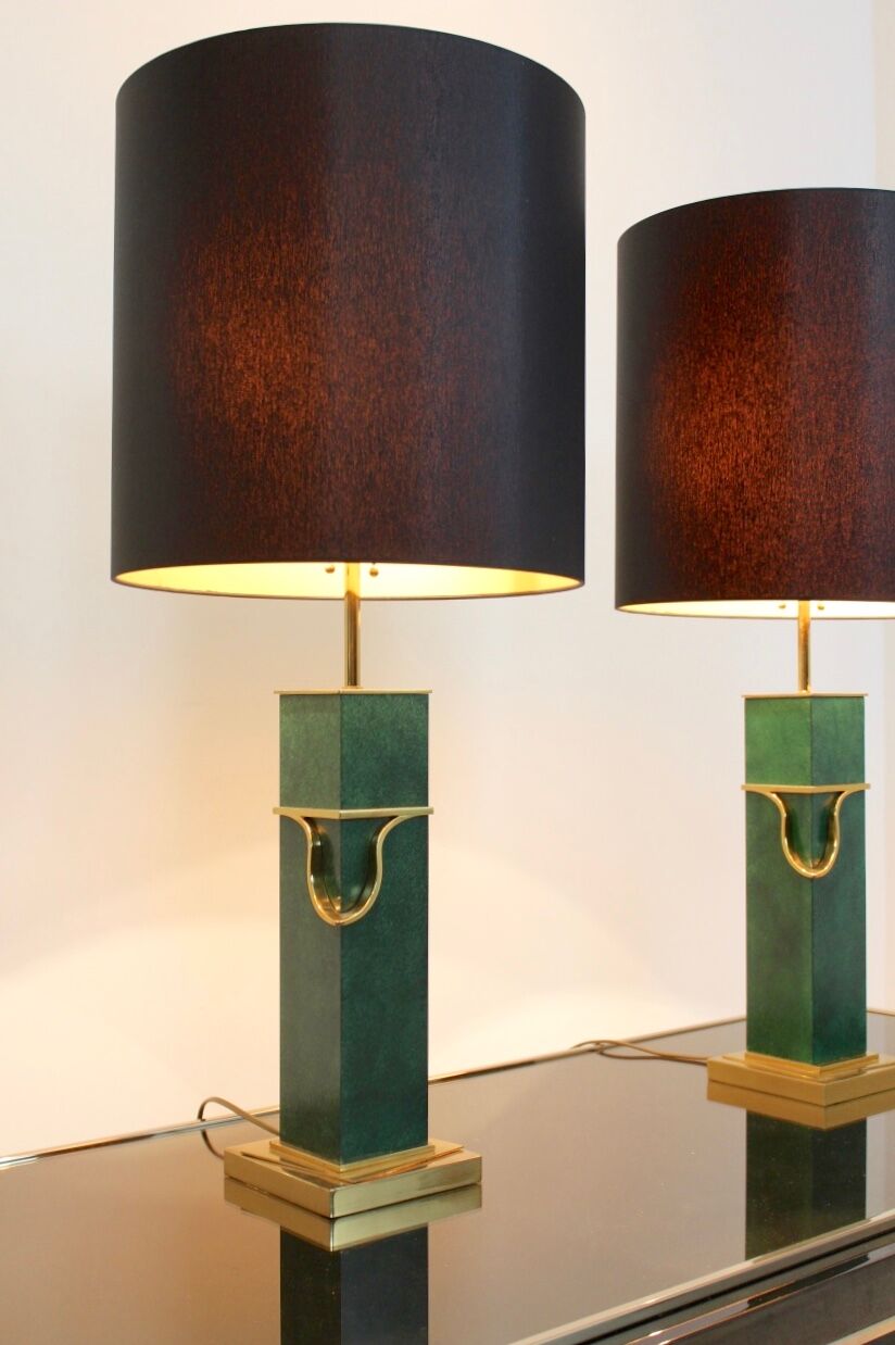Pair of Green and Brass Mid Century Modern Table Lamps