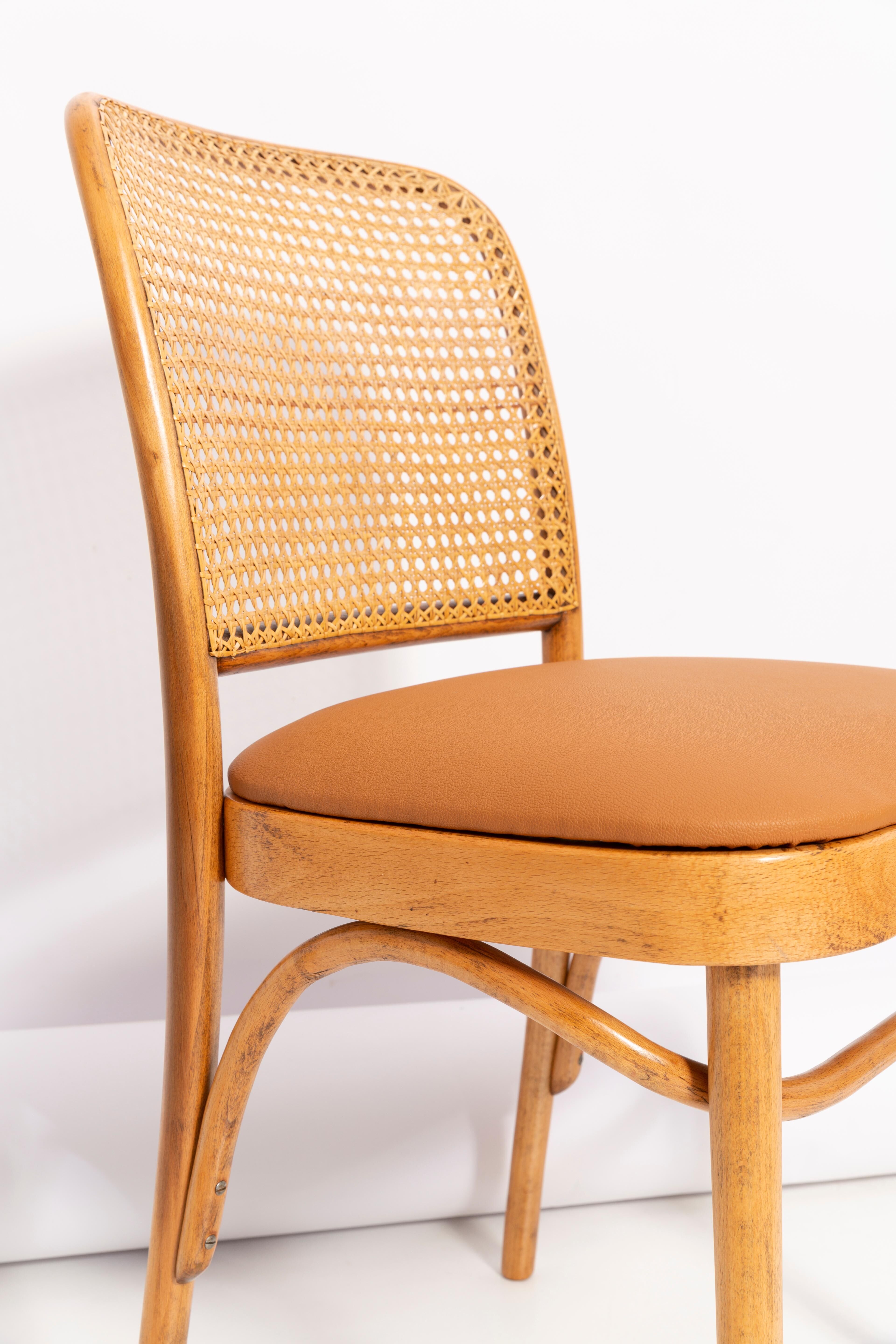 Thonet chair in rattan, camel faux leather and wood - 1960s
