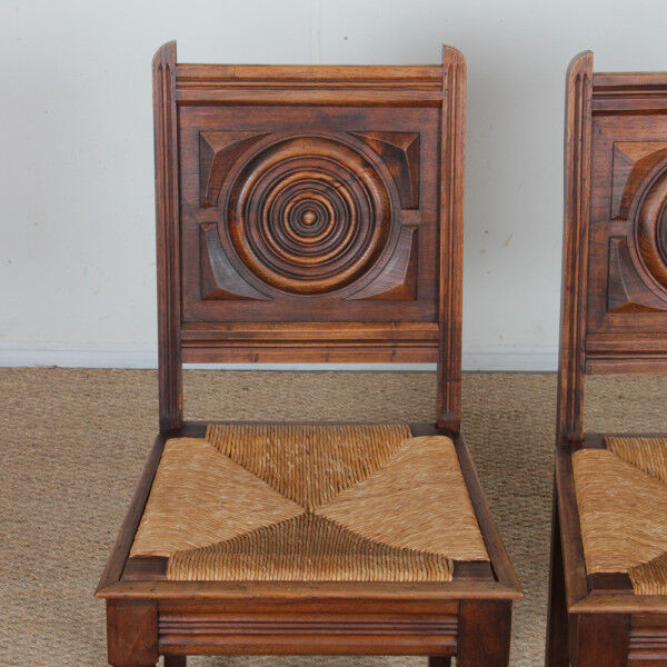 Pair of rush-seated solid wood chairs, French work, 1940.