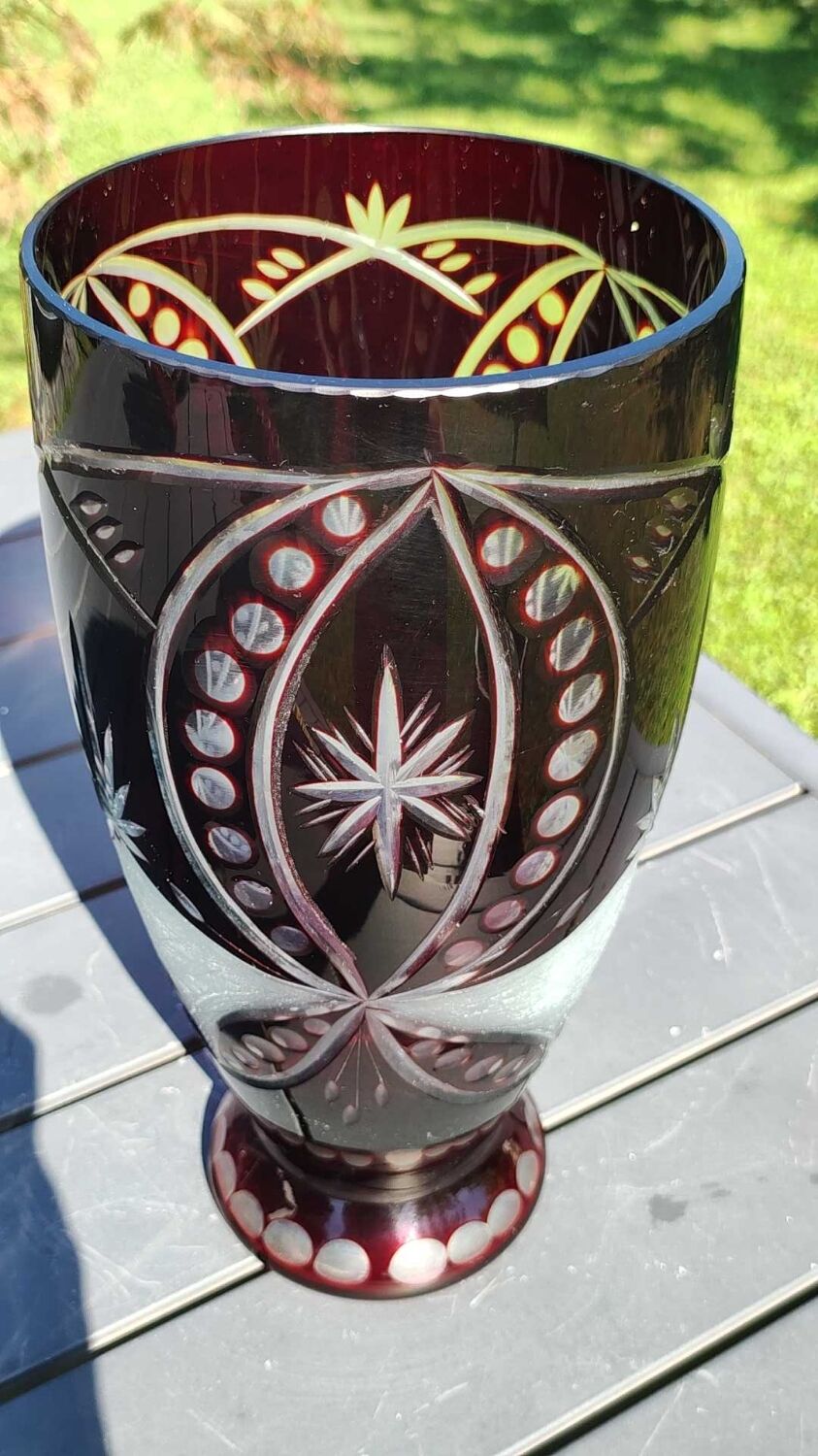Bohemian/Czech Boho crystal vase, Burgundy red, vintage
