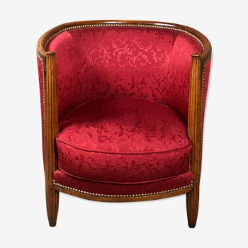 Fauteuil époque Art déco en noyer style louis XVI recouvert de tissu rouge foncé