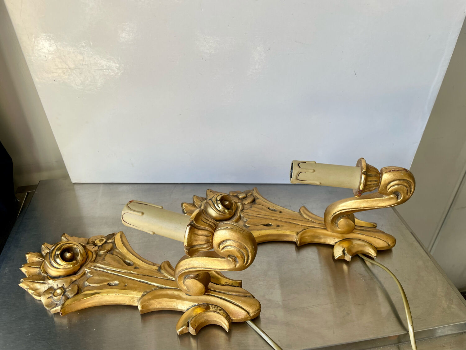 Pair of vintage gilded wood electric wall sconces