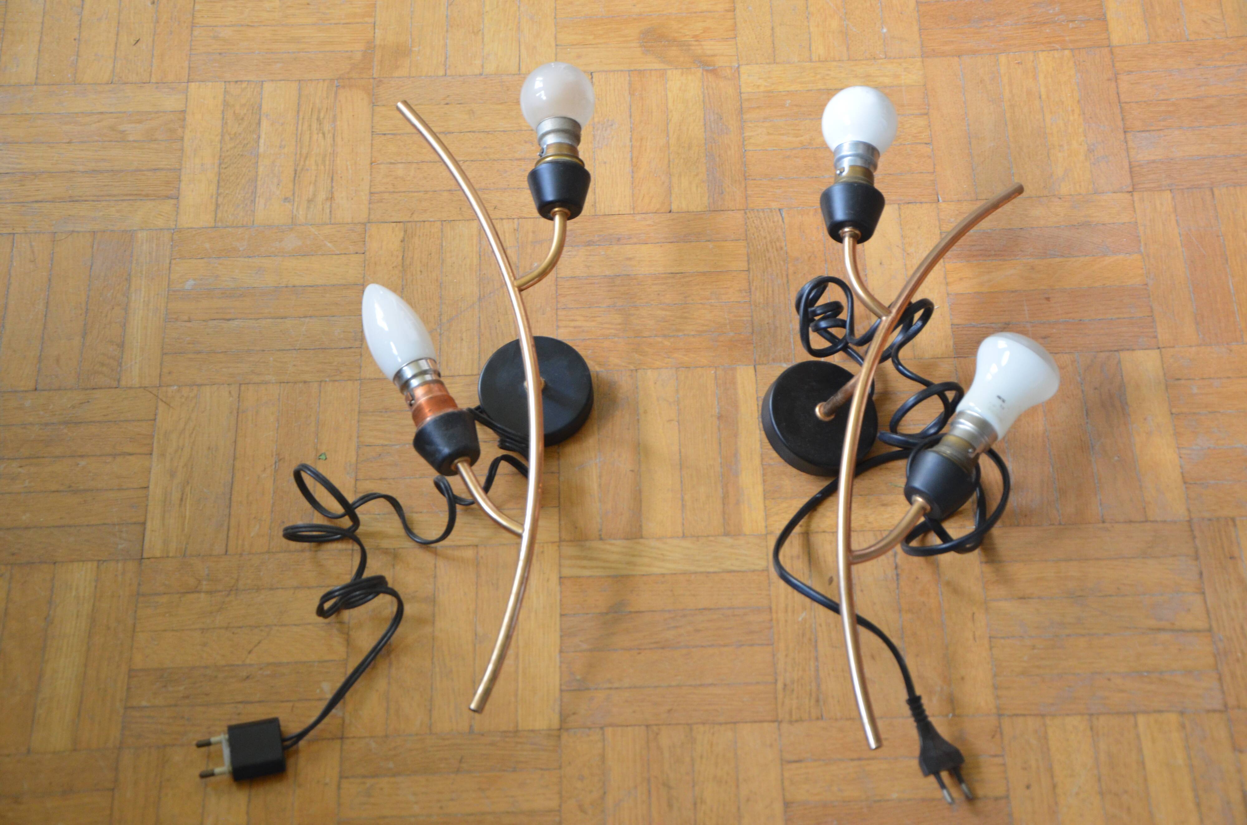 Pair of stylized 2-branch brass wall lights